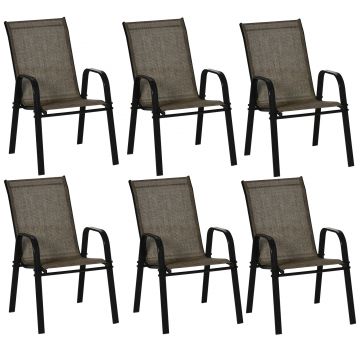 Outsunny Set 6 Piese Scaune de Gradina cu Cotiere, Scaune de Exterior Stivuibile din Metal si Tesatura Respirabila, Maro | Aosom Romania