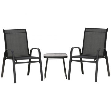 Outsunny Set Bistro de Exterior din 3 Piese, 2 Fotolii Stivuibile cu Țesătură Respirabilă și Măsuță de Cafea, 45x45,5x45,5 cm, Negru | Aosom Romania