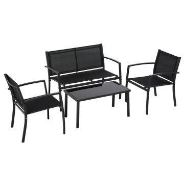 Outsunny Set de Gradina 4 bucati cu Masuta de cafea, 2 Scaune si o Panca in Metal, Negru | Aosom Romania