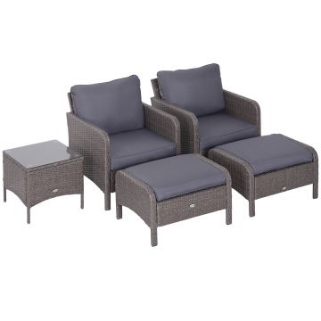 Outsunny Set Mobilier de Grădină din Ratan 5 Piese, 2 Fotolii, 2 Pouf, Măsuță de Cafea cu Sticlă, Perne Decorative, Gri | Aosom Romania