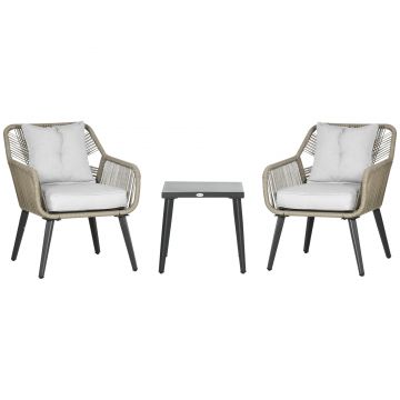 Outsunny Set Mobilier Terasă Modern 3 Piese din Ratan PE, Set Cafea cu Blat Metalic, Ideal pentru Curte și Exterior, Gri | Aosom Romania