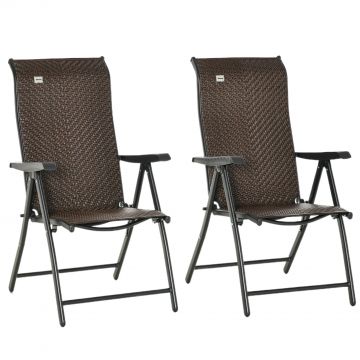 Outsunny Set Mobilier de Grădină 2 Scaune Pliabile din Ratan și Oțel cu Spătar Reglabil pentru Terasă, Balcon, 71x58x111 cm, Negru | Aosom Romania