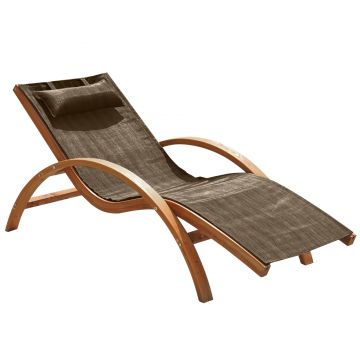 Outsunny Șezlong de Grădină Ergonomic cu Tetieră Căptușită din Lemn și Țesătură, 161x72x68 cm, Maro | Aosom Romania
