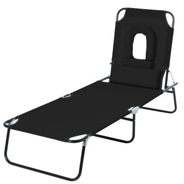 Sezlong Pliabil Outsunny cu Orificiu pentru Fata si Perne, pentru Gradina, Plaja si Camping, Negru | Aosom Romania