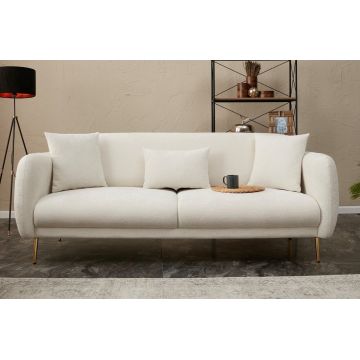 Canapea 3 locuri, Simena, Balcab Home, 219x95x80 cm, spatar mobil, sezut extins 90x180 cm, lemn de fag/poliester boucle, crem