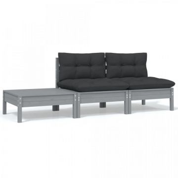 Set mobilier de grădină cu perne, 3 piese, gri, lemn masiv pin