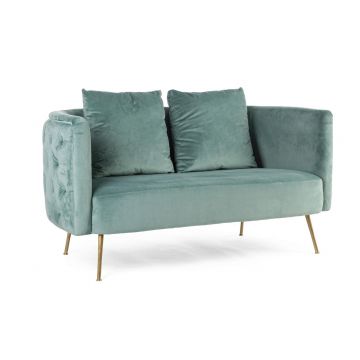 Canapea 2 locuri Tenbury, Bizzotto, 144x77x79.5 cm, lemn de frasin/otel/catifea, albastru tiffany