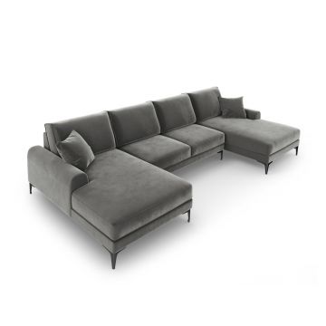 Coltar panoramic, Madara, Mazzini Sofas, 6 locuri, 334x182x90 cm, catifea, gri deschis