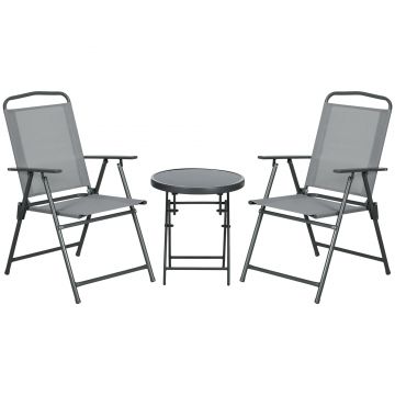 Outsunny Set de Exterior din 3 Piese cu Masă  cu Blat din Sticlă și 2 Scaune Pliabile din Plasă, Ф45x50 cm, Gri Deschis | Aosom Romania