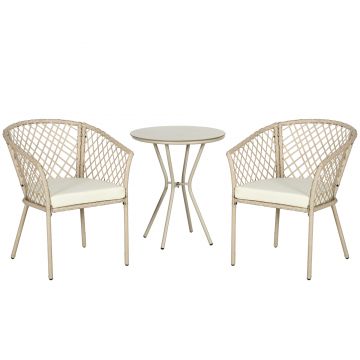 Outsunny Set Mobilier de Grădină din Ratan PE, Set Bistro 3 Piese cu Masă de Sticlă și Perne Moi, Mobilier de Conversație | Aosom Romania