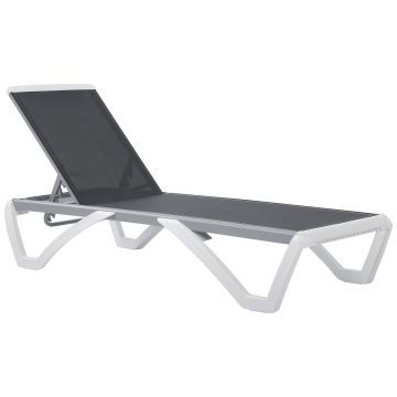 Outsunny Sezlong de Grădină cu Spătar Reglabil pe 5 Niveluri și Roți, Aluminiu și Textilena, Gri și Alb, 195x67.5x33 cm | Aosom Romania
