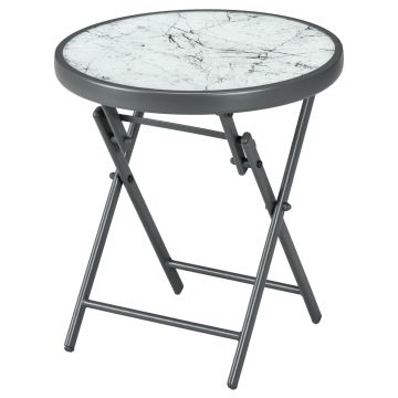 Outsunny Masă Rotundă Pliabilă cu Blat din Sticlă din Imitație de Marmură, Măsuță Mică de Cafea pentru Exterior,  Φ45x50 cm, Alb | Aosom Romania