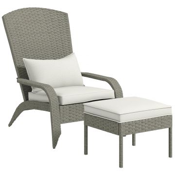 Outsunny Scaun Adirondack cu taburet din rachita pentru terasa, Scaun de exterior pentru semineu cu perne, spatar inalt | Aosom Romania