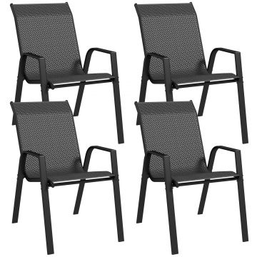 Outsunny Set 4 Scaune Stivuibile din Ratan pentru Exterior, cu Cotiere și Spătar, Ideal pentru Terasă, Verandă, Gri | Aosom Romania