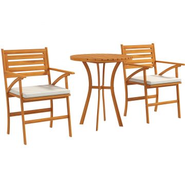 Outsunny Set Grădină din Lemn de Pin din 3 Piese, Set Exterior cu Masă Rotundă și 2 Scaune cu Perne, Ø68x78 cm, Maro | Aosom Romania
