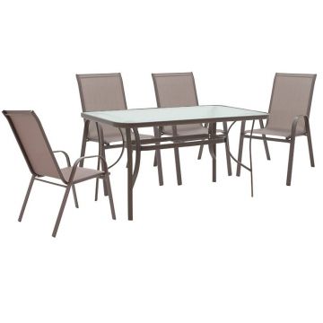 Set de gradina masa si scaune 5 bucati Ensure-Calan metal-sticla maro 140x80x70cm