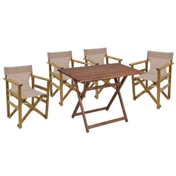 Set de gradina masa si scaune Retto 5 bucati din lemn masiv de fag culoarea nuc, PVC ecru 80x60x72cm