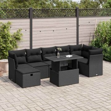 Set mobilier de grădină cu perne, 8 piese, negru, poliratan