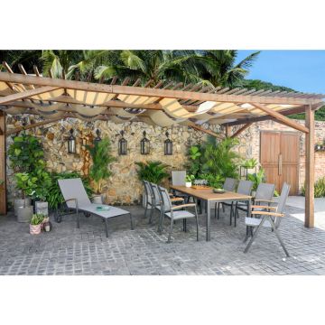 SCAUN PLIANT DE EXTERIOR in lemn, metal, textil gri, gri deschis, culoare lemn tec