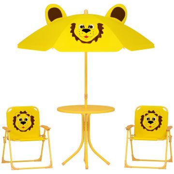 AIYAPLAY Mobilier de grădină pentru copii cu umbrelă de soare reglabilă, Set de picnic pentru copii cu 4 piese, Masă cu 2 scaune pliante, masă, Set de terasă cu model de leu pentru vârstele 2-5 ani, Galben | Aosom Romania
