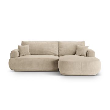 Coltar extensibil dreapta 5 locuri, modular, cu lada depozitare, Ella, Micadoni Home, 271x174x94 cm, catifea, bej deschis