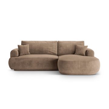 Coltar extensibil dreapta 5 locuri, modular, cu lada depozitare, Ella, Micadoni Home, 271x174x94 cm, catifea, bej inchis