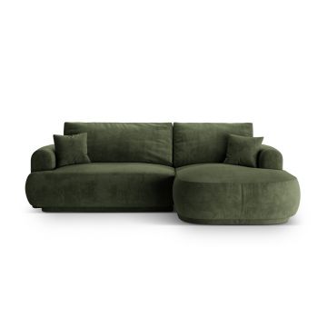 Coltar extensibil dreapta 5 locuri, modular, cu lada depozitare, Ella, Micadoni Home, 271x174x94 cm, catifea, verde