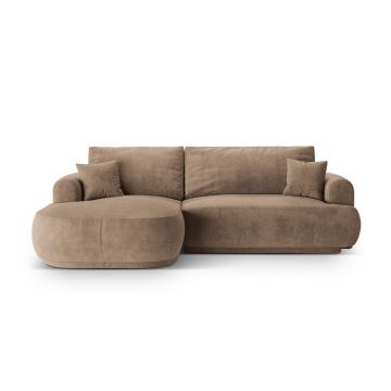 Coltar extensibil stanga 5 locuri, modular, cu lada depozitare, Ella, Micadoni Home, 271x174x94 cm, catifea, bej inchis