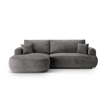 Coltar extensibil stanga 5 locuri, modular, cu lada depozitare, Ella, Micadoni Home, 271x174x94 cm, catifea, gri