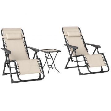 Outsunny Set de 2 Șezlonguri de Grădină cu Gravitație Zero și Măsuță cu Suport pentru Pahare, 47x47x54 cm, Bej | Aosom Romania