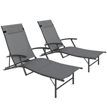 Outsunny Set de 2 Șezlonguri Pliante, Ajustabile în 4 Poziții cu Cotiere și Perne, 64x154x87 cm, Gri | Aosom Romania