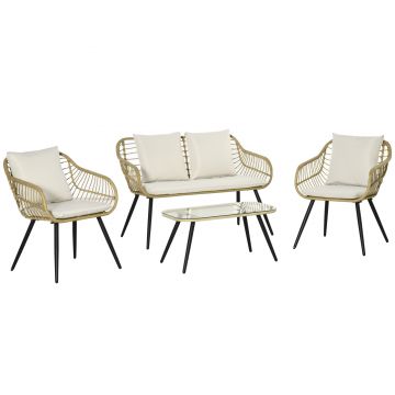 Outsunny Set Mobilier de Grădină din 4 Piese cu Canapea, 2 Fotolii cu Perne Lavabile și Măsuță, 120x65x78 cm, Bej | Aosom Romania