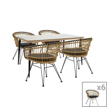 Set de 7 buc masa si scaune de gradina Naoki C ratan natural metal negru sticla 160x90x78 cm