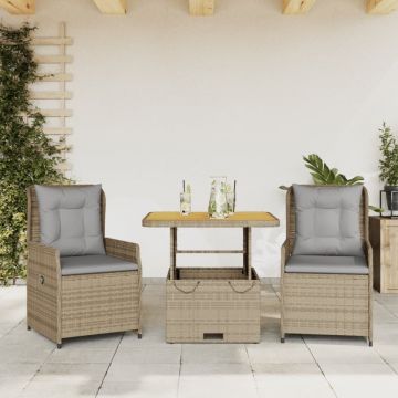 Set bistro cu perne, 3 piese, bej, poliratan