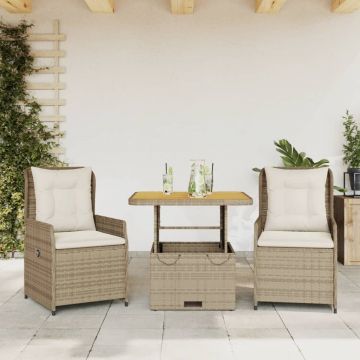 Set bistro cu perne, 3 piese, bej, poliratan