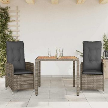 Set bistro de grădină cu perne, 3 piese, gri, poliratan