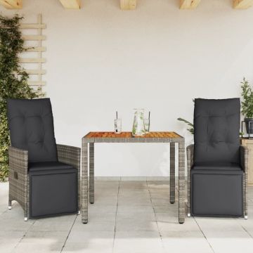 Set bistro de grădină cu perne, 3 piese, gri, poliratan