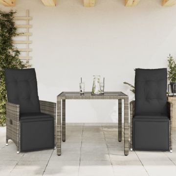 Set bistro de grădină cu perne, 3 piese, gri, poliratan