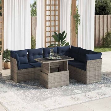 Set canapele grădină perne 7 piese negru, poliratan/lemn acacia