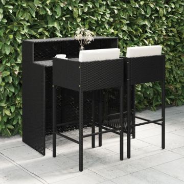 Set mobilier bar de grădină cu perne, 3 piese, negru, poliratan
