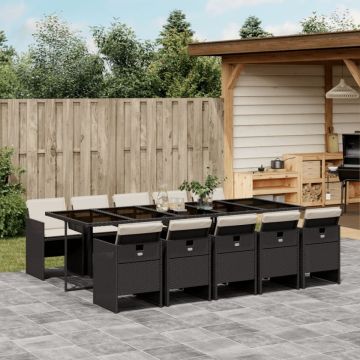 Set mobilier de exterior cu perne, 11 piese, negru, poliratan