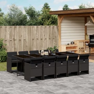 Set mobilier de exterior cu perne, 11 piese, negru, poliratan