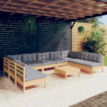Set mobilier de grădină cu perne, 10 piese, gri, lemn masiv pin