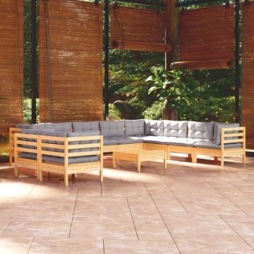 Set mobilier de grădină cu perne, 11 piese, gri, lemn masiv pin