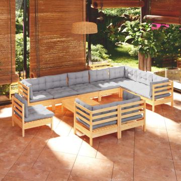 Set mobilier de grădină cu perne, 11 piese, gri, lemn masiv pin