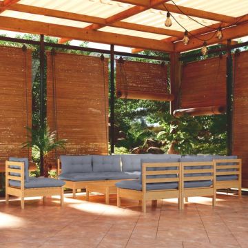 Set mobilier de grădină cu perne, 11 piese, gri, lemn masiv pin