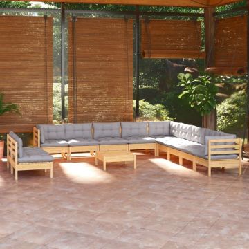 Set mobilier de grădină cu perne, 12 piese, gri, lemn masiv pin