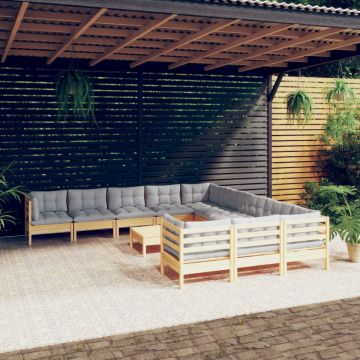 Set mobilier de grădină cu perne, 12 piese, gri, lemn masiv pin