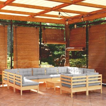 Set mobilier de grădină cu perne, 12 piese, gri, lemn masiv pin