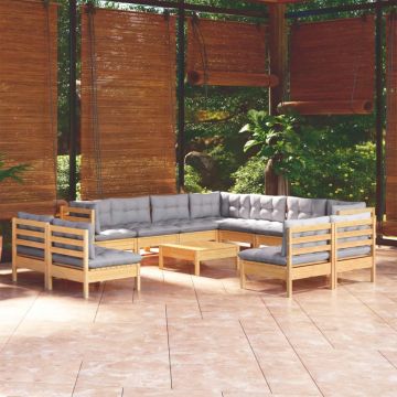 Set mobilier de grădină cu perne, 12 piese, gri, lemn masiv pin